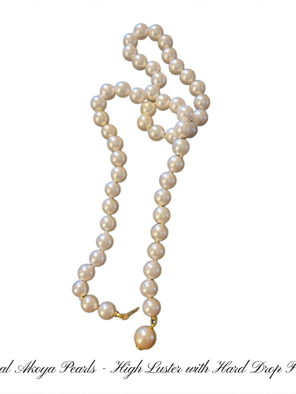 Akoya Pearl Necklace with Hard Gold Tone Draw Drop Pearl 19 Inch Clasp to Clasp